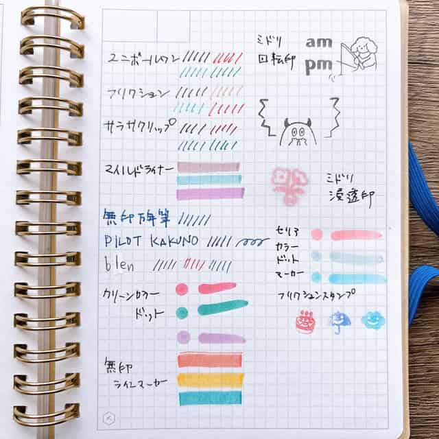 手持ちのペンとスタンプでの試し書き