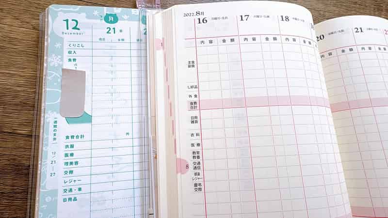 ちいかわ家計簿とメモリー家計簿の週間ページ比較